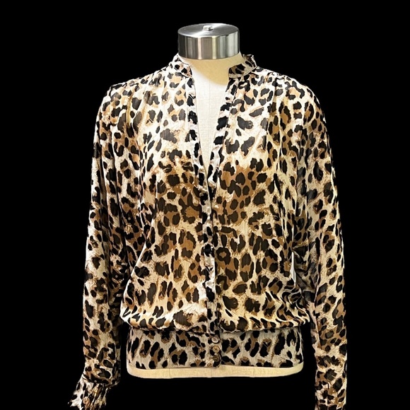 EUC [Guess] Sheer Leopard Top | Smocked Button Down Shirt Cheetah Blouse | Small - Picture 14 of 14
